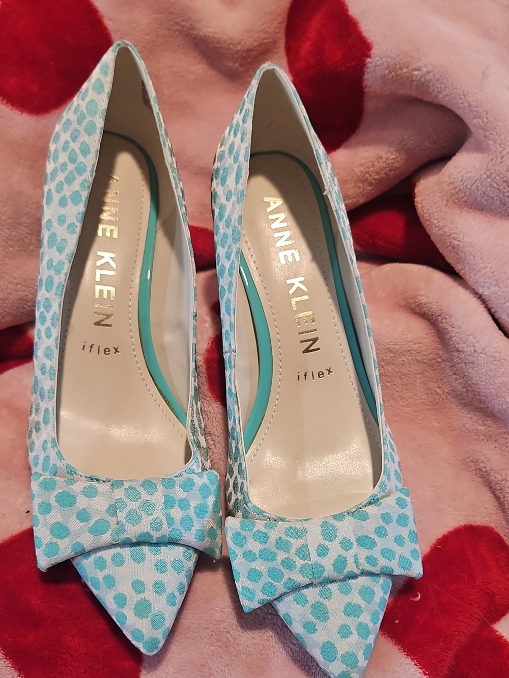 Anne Klein Teal Polka Dot Pointed Toe Pumps with Bow